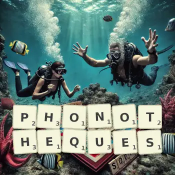 Illustration créative d'un jeu de lettres avec le mot PHONOTHEQUES épelé sur le plateau.