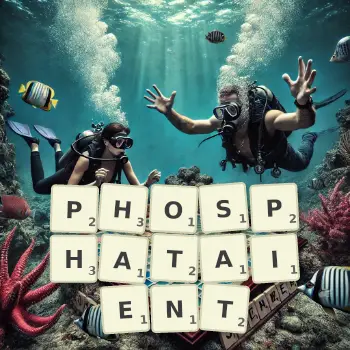 Illustration créative d'un jeu de lettres avec le mot PHOSPHATAIENT épelé sur le plateau.