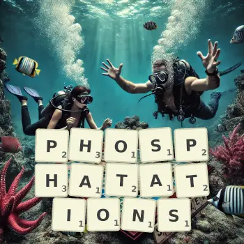 Illustration créative d'un jeu de lettres avec le mot PHOSPHATATIONS épelé sur le plateau.