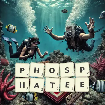 Illustration créative d'un jeu de lettres avec le mot PHOSPHATEE épelé sur le plateau.