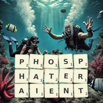 Illustration créative d'un jeu de lettres avec le mot PHOSPHATERAIENT épelé sur le plateau.