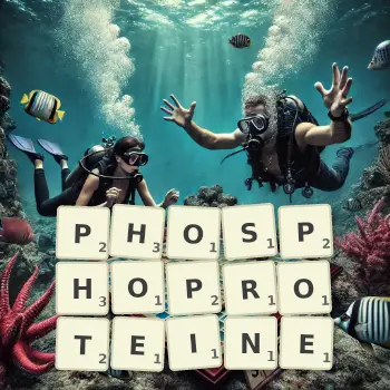 Illustration créative d'un jeu de lettres avec le mot PHOSPHOPROTEINE épelé sur le plateau.