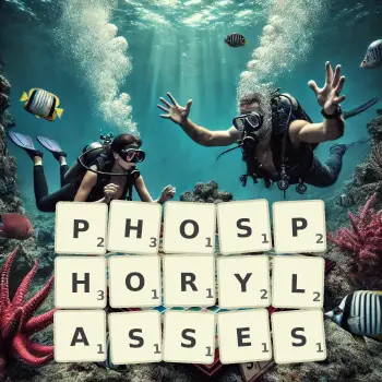Illustration créative d'un jeu de lettres avec le mot PHOSPHORYLASSES épelé sur le plateau.