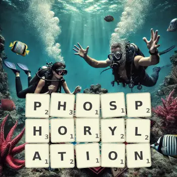 Illustration créative d'un jeu de lettres avec le mot PHOSPHORYLATION épelé sur le plateau.