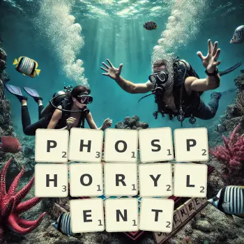 Illustration créative d'un jeu de lettres avec le mot PHOSPHORYLENT épelé sur le plateau.