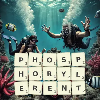 Illustration créative d'un jeu de lettres avec le mot PHOSPHORYLERENT épelé sur le plateau.