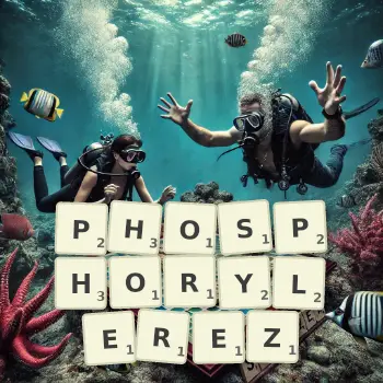 Illustration créative d'un jeu de lettres avec le mot PHOSPHORYLEREZ épelé sur le plateau.