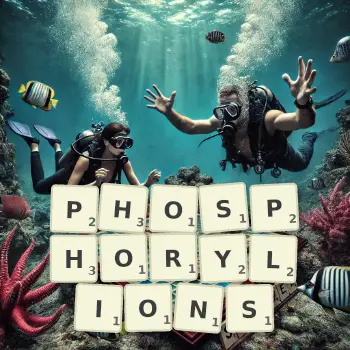 Illustration créative d'un jeu de lettres avec le mot PHOSPHORYLIONS épelé sur le plateau.