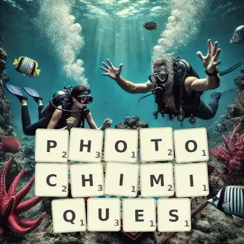 Illustration créative d'un jeu de lettres avec le mot PHOTOCHIMIQUES épelé sur le plateau.