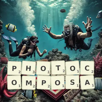 Illustration créative d'un jeu de lettres avec le mot PHOTOCOMPOSA épelé sur le plateau.