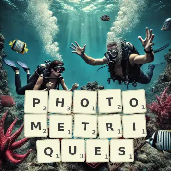 Illustration créative d'un jeu de lettres avec le mot PHOTOMETRIQUES épelé sur le plateau.