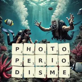 Illustration créative d'un jeu de lettres avec le mot PHOTOPERIODISME épelé sur le plateau.