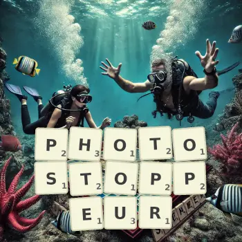 Illustration créative d'un jeu de lettres avec le mot PHOTOSTOPPEUR épelé sur le plateau.