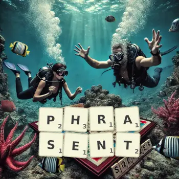 Illustration créative d'un jeu de lettres avec le mot PHRASENT épelé sur le plateau.