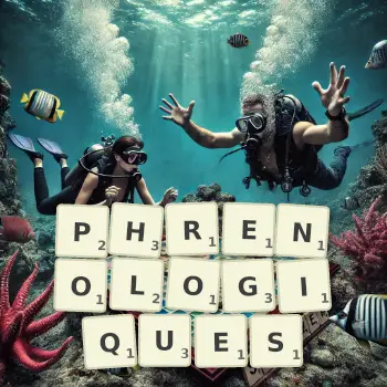 Illustration créative d'un jeu de lettres avec le mot PHRENOLOGIQUES épelé sur le plateau.