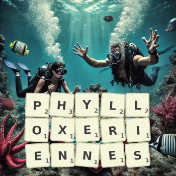 Illustration créative d'un jeu de lettres avec le mot PHYLLOXERIENNES épelé sur le plateau.