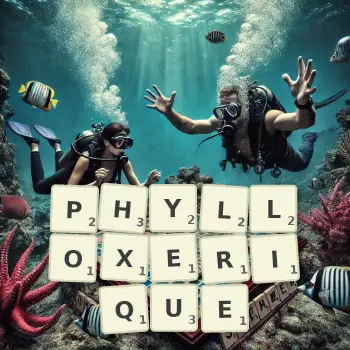 Illustration créative d'un jeu de lettres avec le mot PHYLLOXERIQUE épelé sur le plateau.