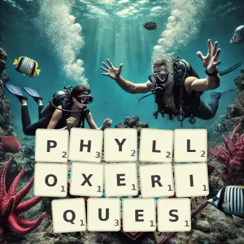 Illustration créative d'un jeu de lettres avec le mot PHYLLOXERIQUES épelé sur le plateau.