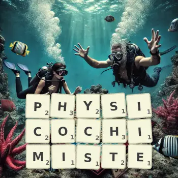 Illustration créative d'un jeu de lettres avec le mot PHYSICOCHIMISTE épelé sur le plateau.