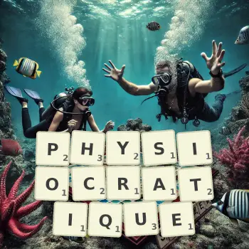 Illustration créative d'un jeu de lettres avec le mot PHYSIOCRATIQUE épelé sur le plateau.