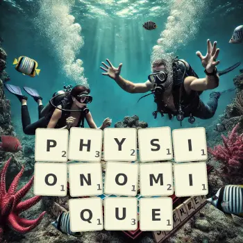 Illustration créative d'un jeu de lettres avec le mot PHYSIONOMIQUE épelé sur le plateau.