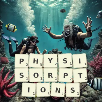Illustration créative d'un jeu de lettres avec le mot PHYSISORPTIONS épelé sur le plateau.