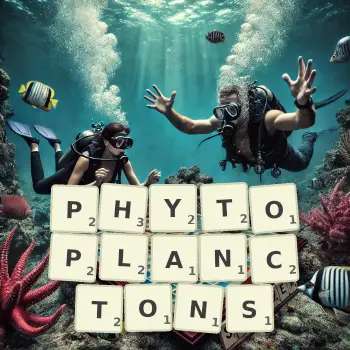 Illustration créative d'un jeu de lettres avec le mot PHYTOPLANCTONS épelé sur le plateau.