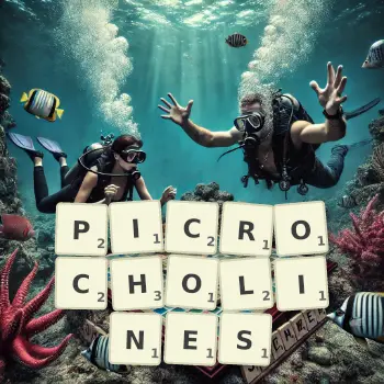 Illustration créative d'un jeu de lettres avec le mot PICROCHOLINES épelé sur le plateau.