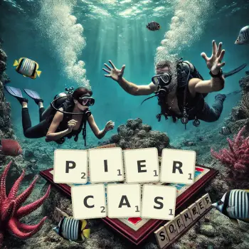 Illustration créative d'un jeu de lettres avec le mot PIERCAS épelé sur le plateau.