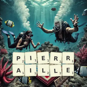 Illustration créative d'un jeu de lettres avec le mot PIERRAILLE épelé sur le plateau.