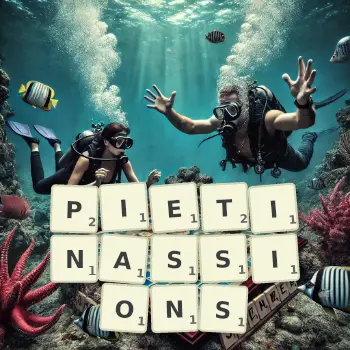 Illustration créative d'un jeu de lettres avec le mot PIETINASSIONS épelé sur le plateau.