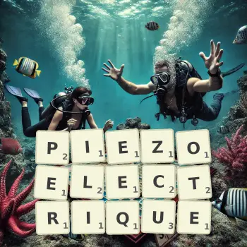 Illustration créative d'un jeu de lettres avec le mot PIEZOELECTRIQUE épelé sur le plateau.