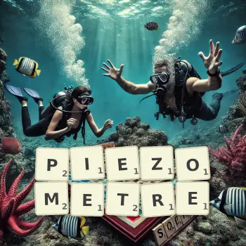 Illustration créative d'un jeu de lettres avec le mot PIEZOMETRE épelé sur le plateau.