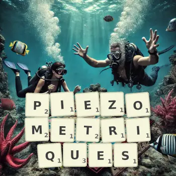 Illustration créative d'un jeu de lettres avec le mot PIEZOMETRIQUES épelé sur le plateau.