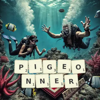 Illustration créative d'un jeu de lettres avec le mot PIGEONNER épelé sur le plateau.