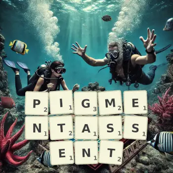 Illustration créative d'un jeu de lettres avec le mot PIGMENTASSENT épelé sur le plateau.