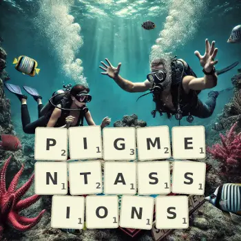 Illustration créative d'un jeu de lettres avec le mot PIGMENTASSIONS épelé sur le plateau.