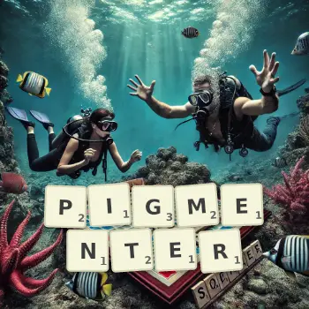 Illustration créative d'un jeu de lettres avec le mot PIGMENTER épelé sur le plateau.