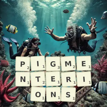 Illustration créative d'un jeu de lettres avec le mot PIGMENTERIONS épelé sur le plateau.