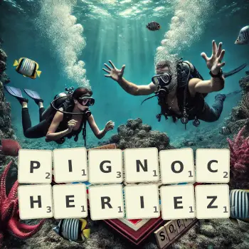 Illustration créative d'un jeu de lettres avec le mot PIGNOCHERIEZ épelé sur le plateau.