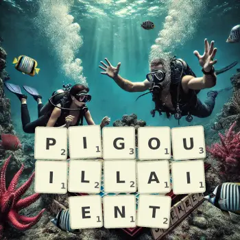Illustration créative d'un jeu de lettres avec le mot PIGOUILLAIENT épelé sur le plateau.