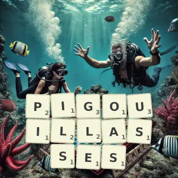 Illustration créative d'un jeu de lettres avec le mot PIGOUILLASSES épelé sur le plateau.