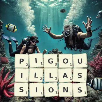 Illustration créative d'un jeu de lettres avec le mot PIGOUILLASSIONS épelé sur le plateau.