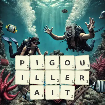 Illustration créative d'un jeu de lettres avec le mot PIGOUILLERAIT épelé sur le plateau.