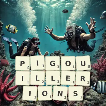 Illustration créative d'un jeu de lettres avec le mot PIGOUILLERIONS épelé sur le plateau.