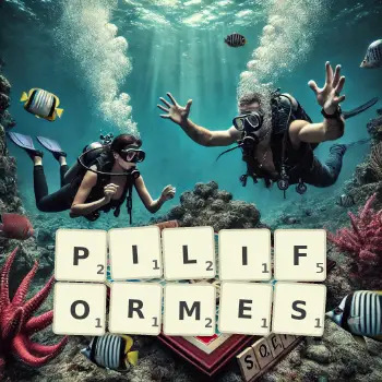 Illustration créative d'un jeu de lettres avec le mot PILIFORMES épelé sur le plateau.
