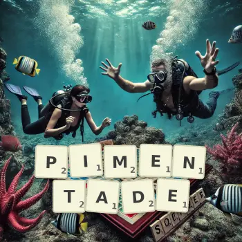 Illustration créative d'un jeu de lettres avec le mot PIMENTADE épelé sur le plateau.