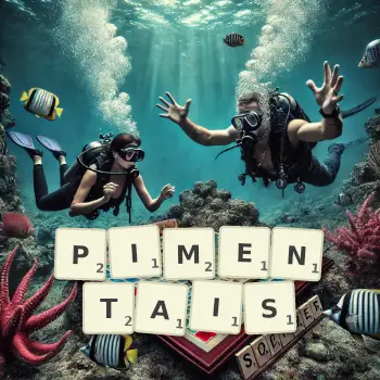 Illustration créative d'un jeu de lettres avec le mot PIMENTAIS épelé sur le plateau.