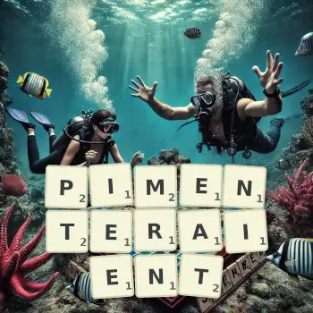 Illustration créative d'un jeu de lettres avec le mot PIMENTERAIENT épelé sur le plateau.
