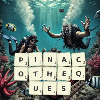 Illustration créative d'un jeu de lettres avec le mot PINACOTHEQUES épelé sur le plateau.